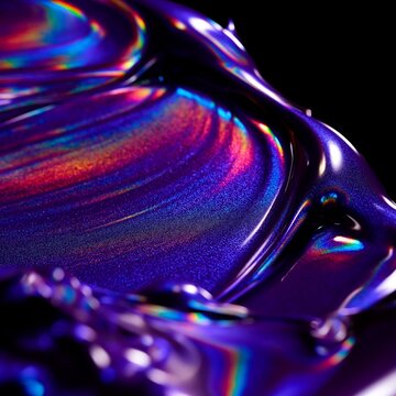 Gl&auml;nzender lilafarbener Metallic-Farbklecks mit irisierendem Schimmer und weichen Formen auf schwarzem Hintergrund.
