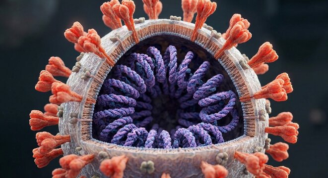 Coronavirus cross-section showing RNA and spike proteins utility
