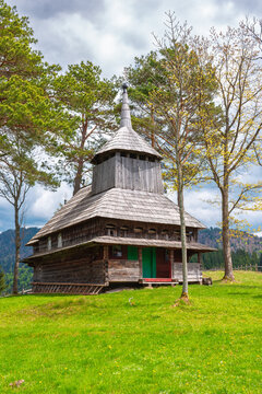 kuzhbeyi, ukraine - 12 may 2019: church on a hill in abandoned village of transcarpathia region, mizhhirya rural district. view of lemko old wooden architecture heritage