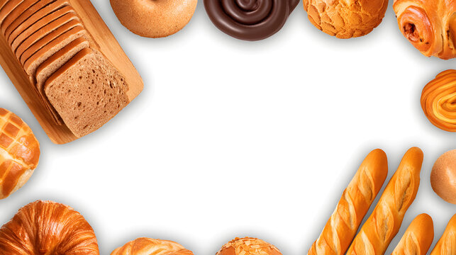 Top view bakery frame with bread, baguettes and pastries around edges. Food composition with copy space for menu and design.