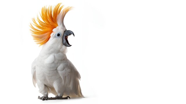 Wei&szlig;er Kakadu mit orangefarbenem Federbusch vor wei&szlig;em Hintergrund mit offenem Schnabel