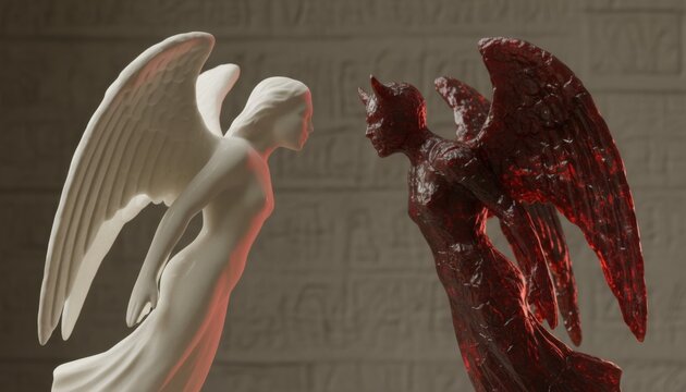 White marble angel and red crystalline devil figures facing each other in a symbolic confrontation of good and evil