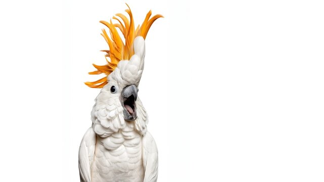 Wei&szlig;er Kakadu mit orangefarbenem Federbusch vor wei&szlig;em Hintergrund mit offenem Schnabel