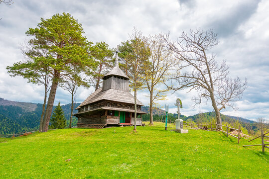 kuzhbeyi, ukraine - 12 may 2019: church on a hill in abandoned village of transcarpathia region, mizhhirya rural district. view of lemko old wooden architecture heritage