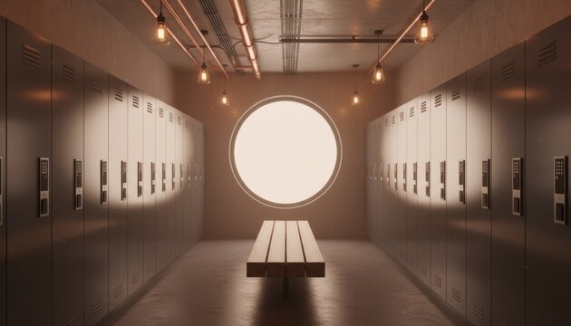 Modern locker room features rows of dark gray metal cabinets and long wooden bench under warm vintage lighting