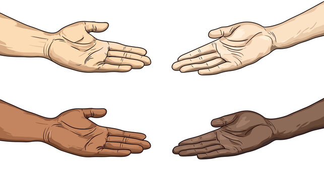 Illustration of four hands with diverse skin tones, reaching out. Symbolizes connection