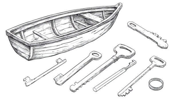 A grayscale illustration of a wooden rowboat beside several keys and a ring