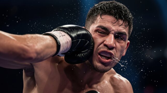 Professional boxer receiving a heavy punch to the face during a match. Fighter struggling in a ring in combat sport. Action capture showing sweat and impact in competitive boxing event