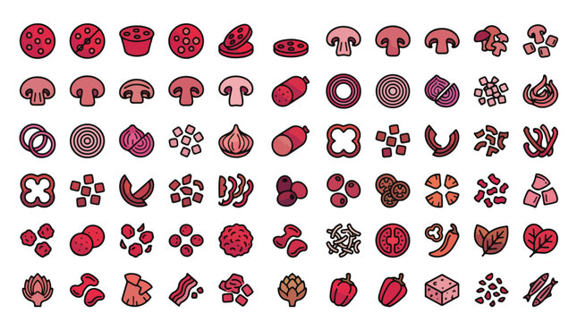 Pizza Toppings Icon Set in Linear Style. Collection of food linear icons including pepperoni, mushrooms, onions, peppers, sausage, olives, pineapple, basil, and more. Editable Stroke.