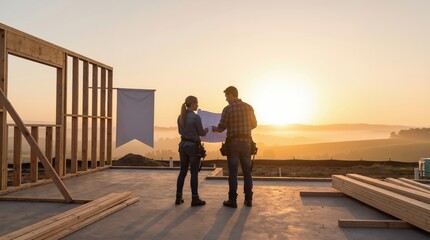 Fototapeta premium Woman architect and man builder looking at blueprint on construction site at sunset. Professional team planning new house project. Industry development, teamwork and engineering real estate