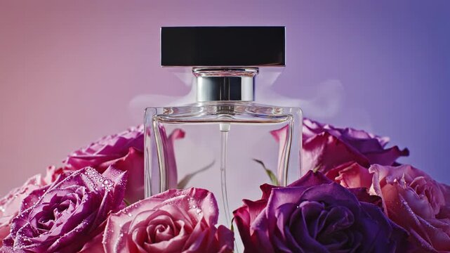 Clear glass perfume bottle with rectangular black cap surrounded by blooming pink and purple roses with water droplets against a soft pastel pink and purple backdrop.