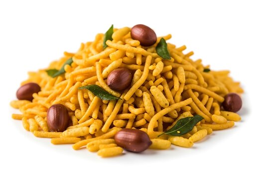 Pile of savory Indian snack sev with peanuts and green leaves isolated on white background