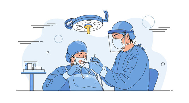 Dentist Performing Dental Surgery in Operating Room with Assistant