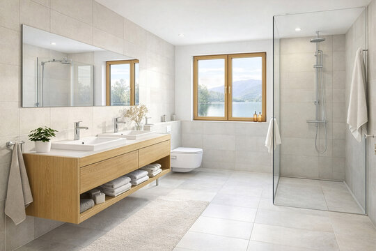 Wellnessbad mit Abendstimmung &ndash; elegantes Naturstein-Badezimmer mit Doppelwaschtisch, Walk-in-Dusche und Seeblick im warmen Sonnenuntergang