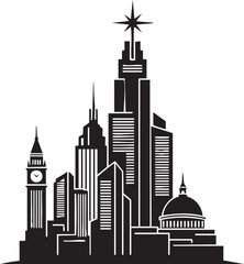 Obraz premium A nighttime cityscape illustration features skyscrapers and iconic buildings like Big Ben and the Capitol Building.