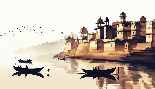 Beautiful watercolor painting depicting a serene river scene on the Ganges.