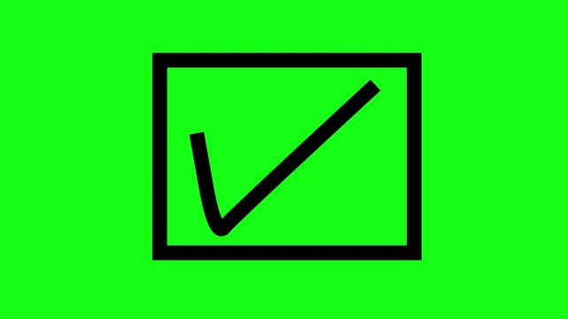 animation of black chek mark in a box in green screen.