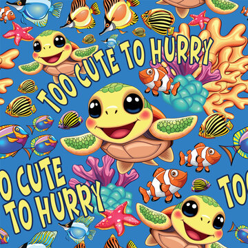 Cute and Happy Little Sea Turtle Kawaii Style with text "too cute to hurry", Vector Seamless Repeat Pattern EPS, perfect for all over print tshirts, cloths, or other supports. Vector Customizable EPS