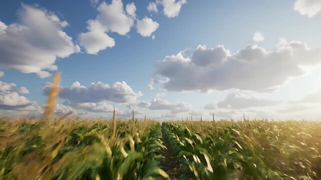 A vibrant perspective through a dense cornfield showcases rows of lush green stalks reaching towards a bright, partly cloudy sky, creating a sense of depth and agricultural abundance.