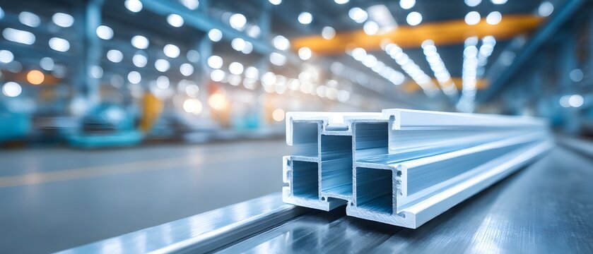 Detailed aluminum extrusion profile showing complex cross section in bright industrial plant setting.
