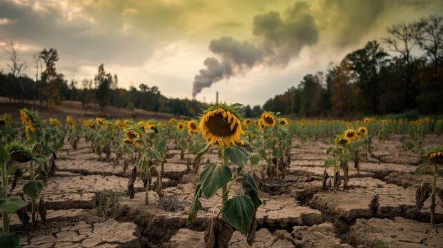Ecosystem Crisis Dying Forest Polluted River and Cracked Earth