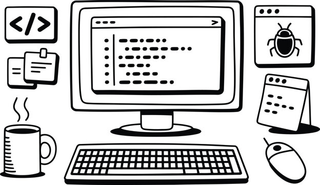 Hand-drawn doodle of a computer workstation featuring a monitor with code, a keyboard, a mouse, a coffee mug, sticky notes, and software windows with a bug and programming symbols