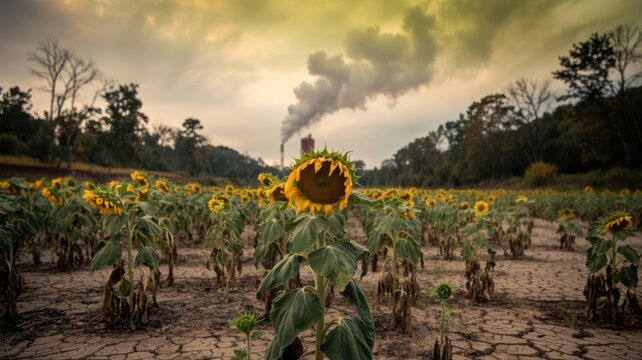 Ecosystem Crisis Dying Forest Polluted River and Cracked Earth
