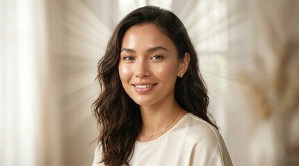 Fototapeta premium Woman with long dark hair smiles warmly in a bright, airy room, creating an inviting atmosphere that suggests comfort, mindfulness, and a peaceful state of mind for editorial use.