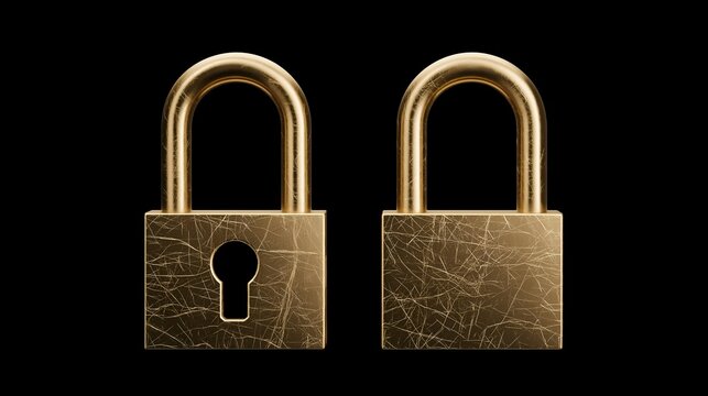 Close-up of vintage golden padlocks isolated on black background, symbolizing security and protection.