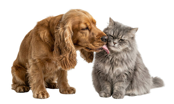 English cocker spaniel licking fluffy grey cat face showing affection on transparent background isolated pet love scene dog and kitty grooming together domestic animal bond friendly interaction cute.