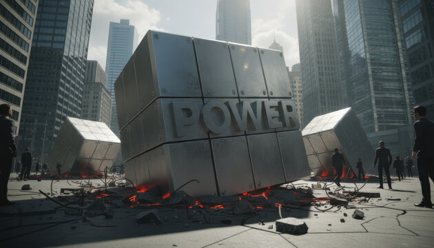 Massive Metallic Cube with Power Text in Modern City Scene