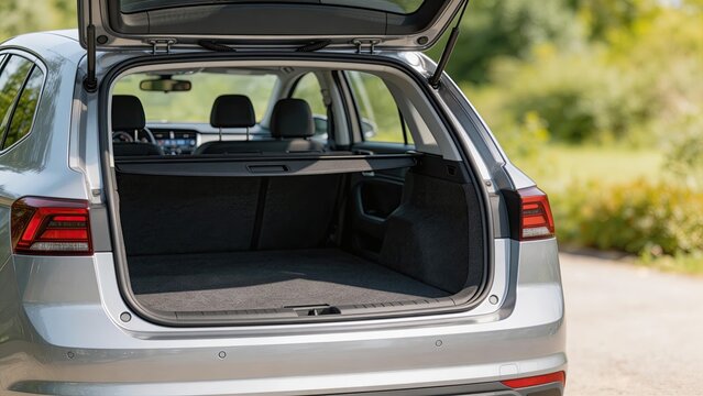 Silver station wagon with open trunk empty cargo space rear view ready for travel luggage storage road trip family vacation vehicle interior automotive design modern car outdoor
