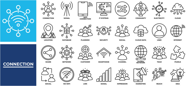 Connection icon set collection. Containing index, link, partnership, share, transfer, arrows, database .Line vector icons collection