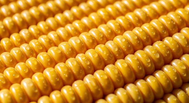Abstract close-up of a ripe ear of corn with glistening water droplets, showcasing its textured kernels and vibrant yellow color