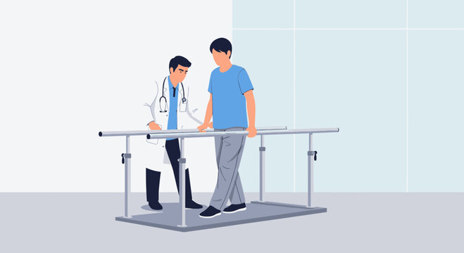 Doctor assisting patient in physical therapy with parallel bars for rehabilitation and recovery