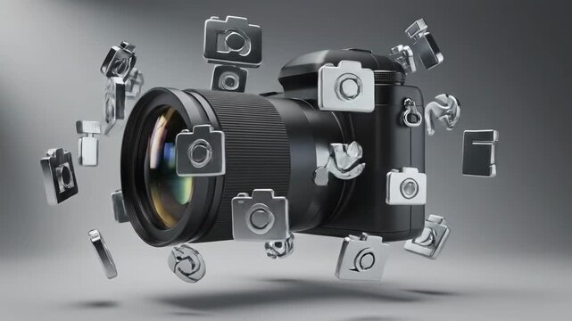 Professional camera with floating chrome photography icons visualizing photographic technology and concepts