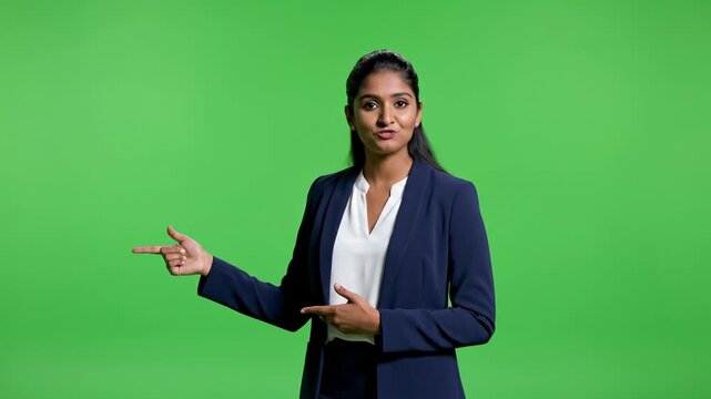 Professional indian businesswoman presenting product on green screen background explaining benefits and features showing presentation and pointing to left side of frame