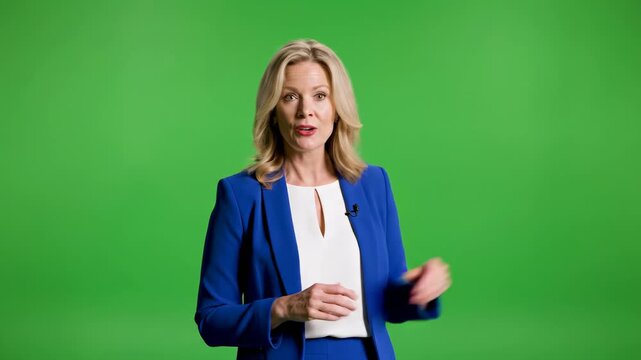 Professional woman presenting against a green screen background for video content creation or news broadcasts