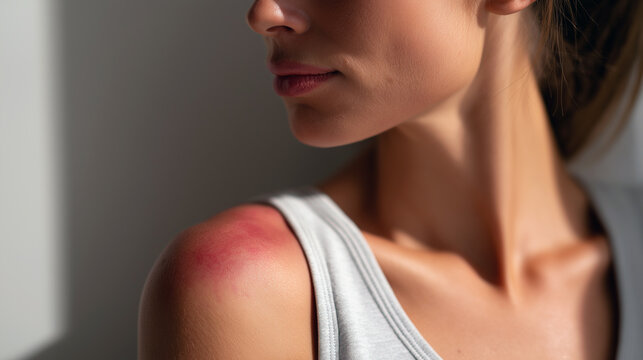 Sunburned Shoulder On Caucasian Fitness Instructor, White Tank Top Showing Red Patch Near Collarbone, Studio Light Casting Soft Shadow, Moment Of Cooling And Mindful Recovery After Outdoor Workout.
