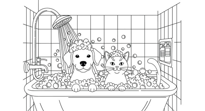 Coloring book page featuring a cute dog and a cat enjoying a bubbly bath in a tub with shampoo bottles on the side.