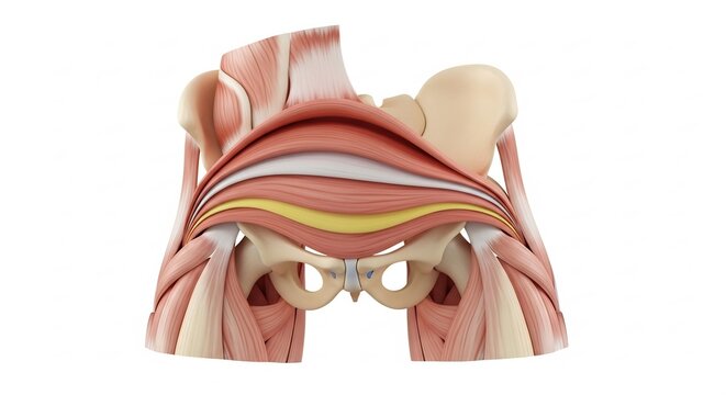 Detailed 3D Illustration of Human Gluteal Muscles and Pelvis Anatomy.