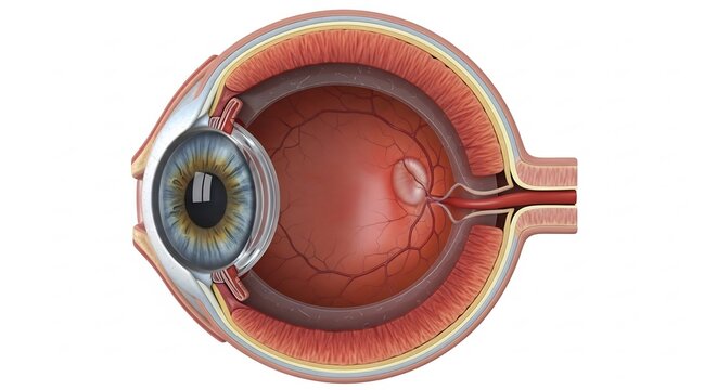 Detailed Cross-Sectional Illustration of the Human Eye Anatomy.
