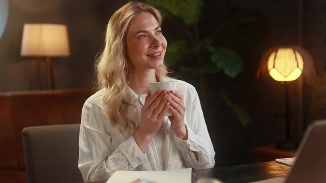 Woman Enjoys Peaceful Coffee Break. Calm Woman Relishing Aromatic Coffee During Quiet Home Pause. Woman Peacefully Enjoying Aromatic Coffee Moment Under Soft Warm Lighting At Home