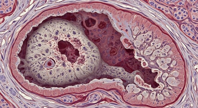 Microscopic view of a sebaceous gland and hair follicle in human skin.