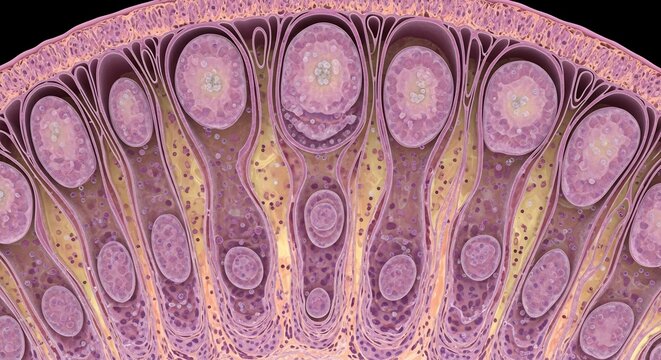 Microscopic View of Intestinal Villi Showing Goblet Cells and Epithelial Lining.
