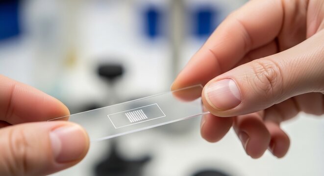Close-up of scientist holding a microfluidic chip for laboratory research.