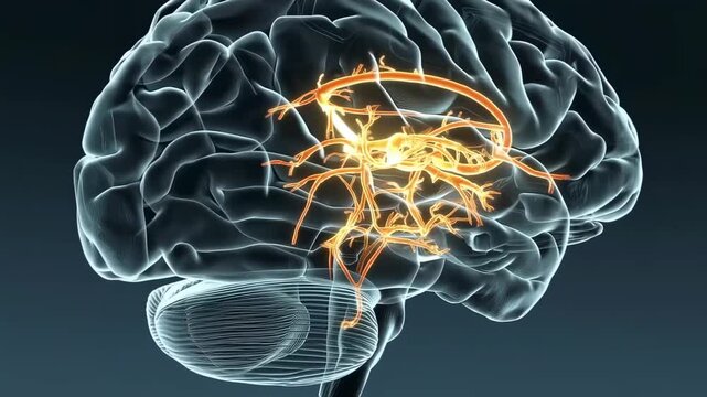 A transparent human brain with glowing neural pathways, artistic digital rendition