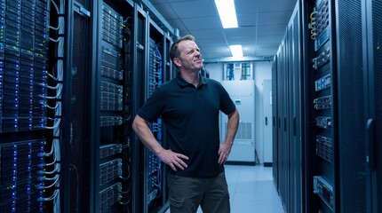 Fototapeta premium Caucasian man technician standing in data center server room looking frustrated and confused with hands on hips. Information technology problem and system failure stress