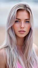 Naklejka premium Junge blonde Frau im pinken Kleid posiert am Strand
