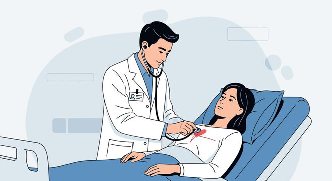 Doctor examines patient in hospital bed with stethoscope, medical checkup, healthcare concept